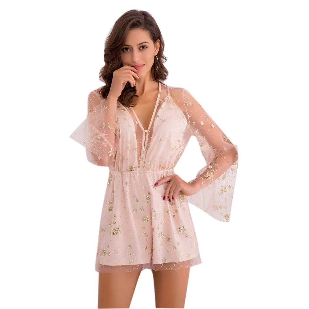 Sexy Deep v sequin playsuit women Tassel short mesh bodysuit summer