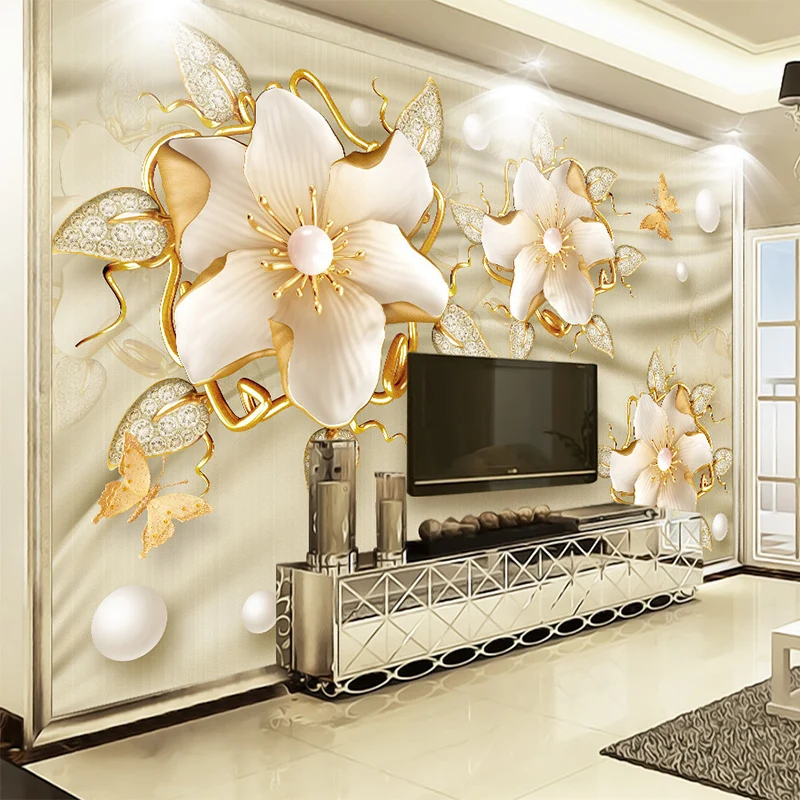 Us 839 55 Di Scontostile Europeo Carta Da Parati Di Lusso 3d Gioielli Doro Fiori Di Seta Carta Da Parati Soggiorno Divano Tv Sfondo Della Parete