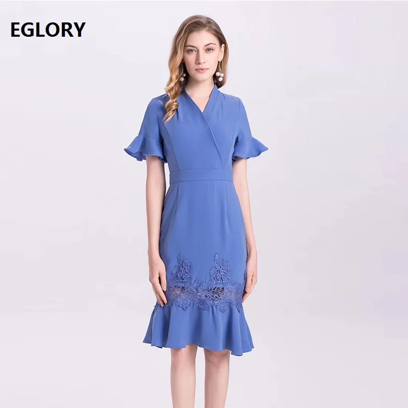 

XXXL Dress Vestidos 2019 Summer Party Event Women V-Neck Hollow Out Embroidery Patchwork Flare Sleeve Sexy Party Blue Dress