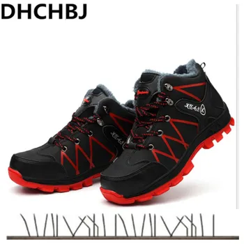 

mens casual large size steel toe caps work safety warm plush cotton shoes genuine leather winter snow ankle boots anti-puncture