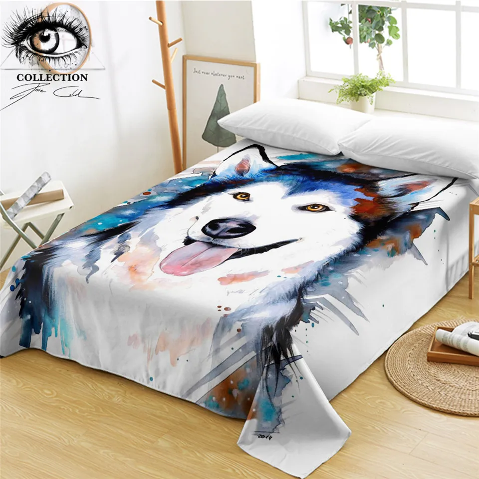 Husky By Pixie Cold Art Bed Sheets Animal Printed Flat Sheet Watercolor Cute Dog Pet Bedspreads Blue White Bed Linen 1 Pc Queen Sheet Aliexpress