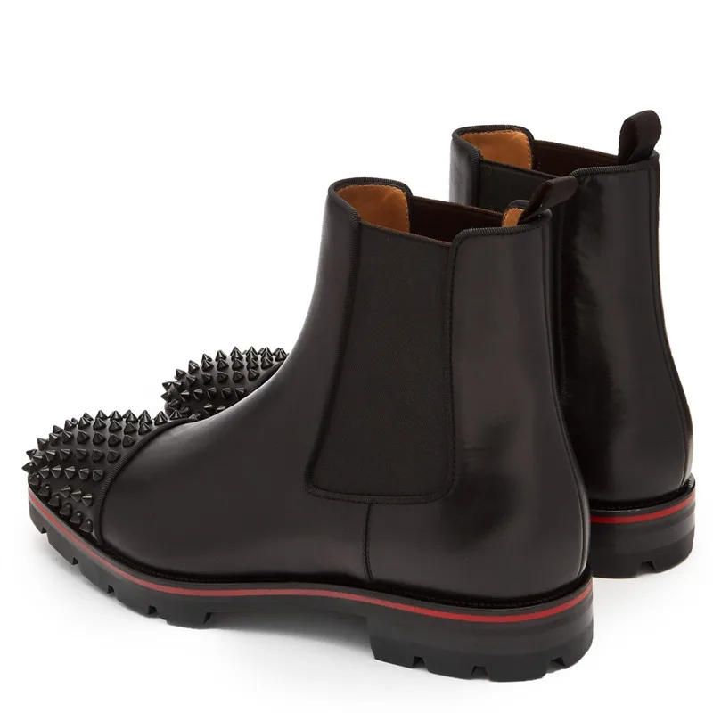 Qianruiti Fashion Men Chelsea Boots Ankle Spike Rivet Boots Elastic Band Round Toe Low-heeled Shoes EU39-EU46