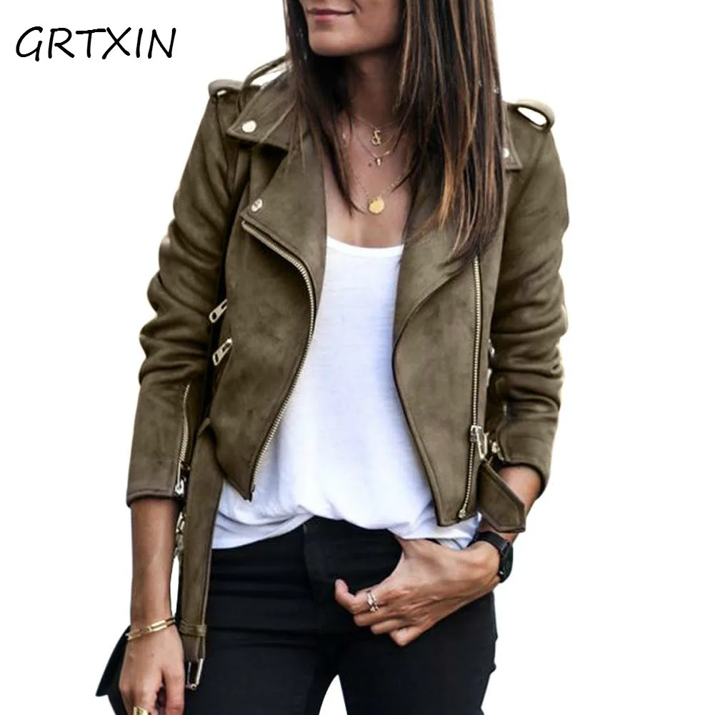 Faux Leather Suede Jackets Women Autumn Short Slim Basic