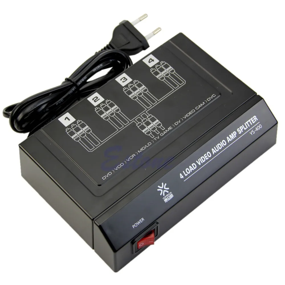 

High Quality 4 Way 1 In 4 Out 3 RCA Video Audio AMP Amplifier Splitter HDTV DVD VCD 4 Ports