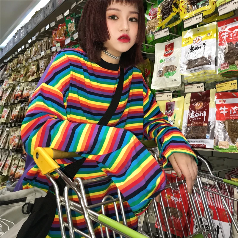 Новинка 2019 футболка в стиле Харадзюку от Ulzzang топы радужную полоску женская