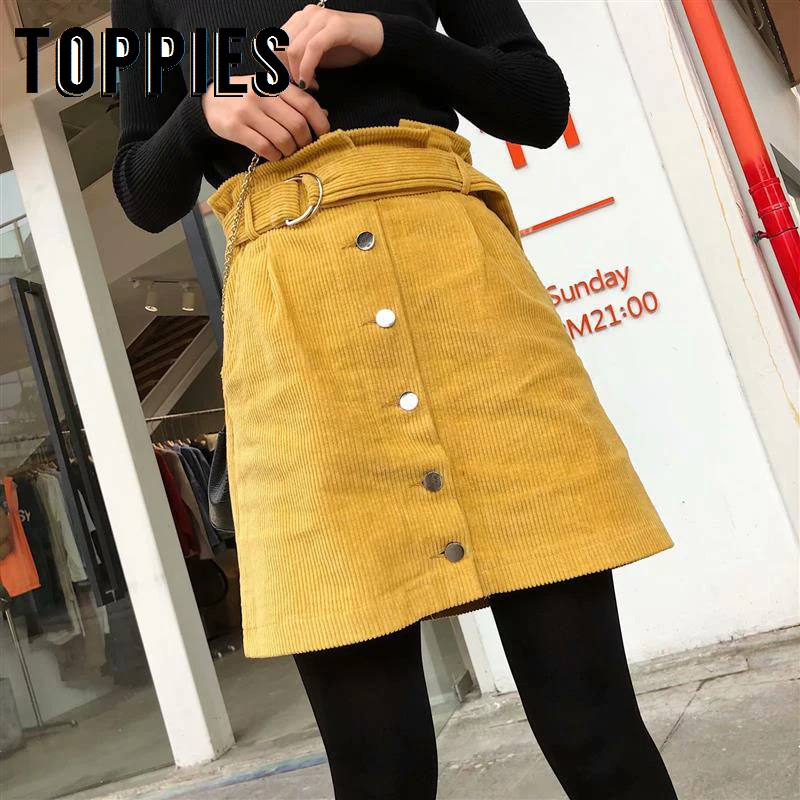 

Autumn Winter Vintage Corduroy Mini Skirt Row Buckle Belt A-line Skirt Front Button Korean Cute Bottoms Red Yellow White