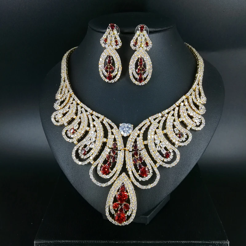 

2019 NEW fashion Noble luxury Dubai princess red zircon necklace set, wedding bride dresses dinner banquet jewelry,free ship