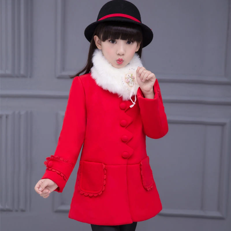 Детская одежда пальто для девочек осенне-зимняя одежда плотное стеганое Детское пальто детская одежда с меховым воротником шерстяное пальто - Цвет: Красный