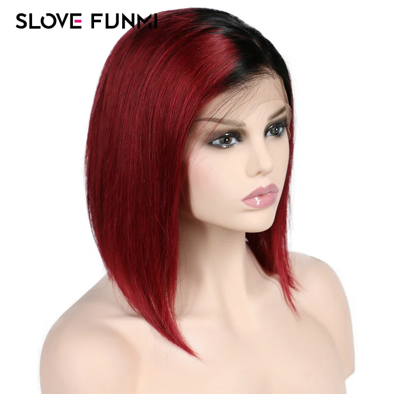 Slove Funmi 13*4 1B/99J бордовый 1B/27 Омбре кружевной передний парик человеческих волос короткий боб прямой Remy бразильский предварительно сорвал с челкой