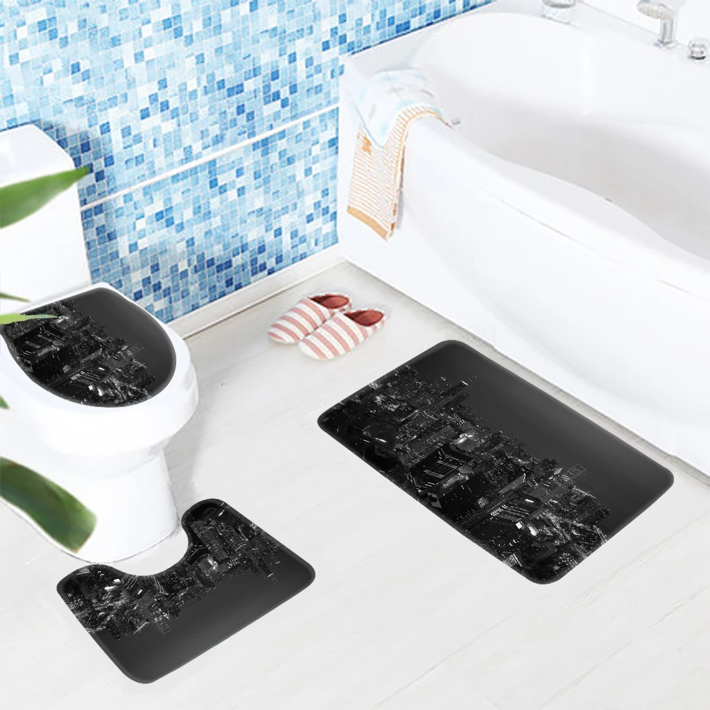 3pcs Bathroom Mat Sets Black and White City Night Pattern Bath Mat Non