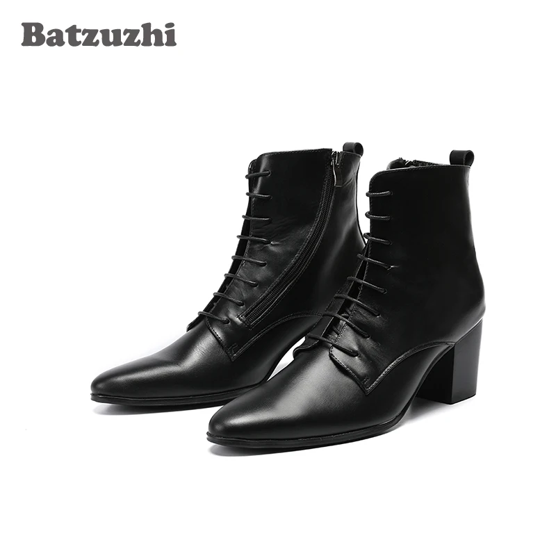 Boots Bota 6 up Dos Cm Alto Homens De Batzuzhi Homens Dedo Botas Apontado Ankle 8 Masculina Preto Genuínas Lace Salto Vestido Couro wggaqrTn7