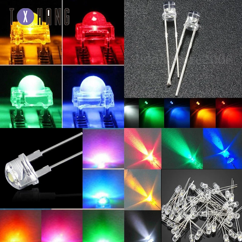 

50/100PCS 5mm Straw Hat Pink/Green/Blue/Red/White/Yellow/Orange Clear LED Diodes Light Bulb colourful