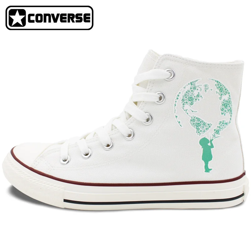 White Converse All Star Shoes Design Environmental Protection Green Globe High Top Lace Up Flats Canvas Sneakers