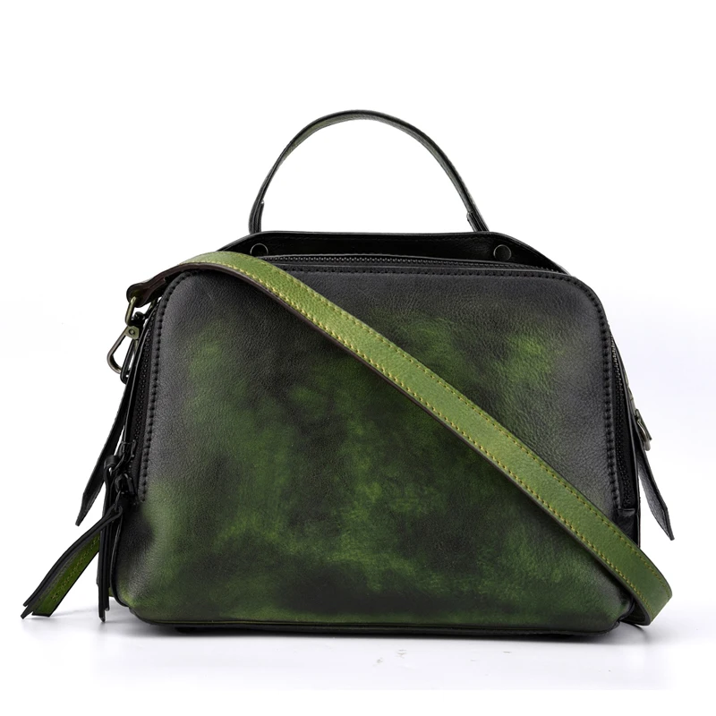 

Vintage Designer Genuine Leather Women Casual Boston Bag Hand Painting Soft Cowskin Ladies Three-way Small Handbag Shoulder Bag