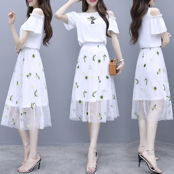 

Casual 2 Piece Set Women O-neck Pullover Short Sleeves Tops Elastic Waist Mid-calf Print Mesh Skirts Fashion Women Sets Clothes