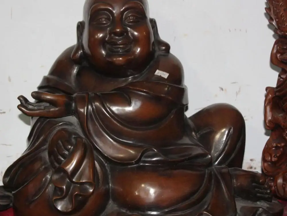 

17" Chinese Buddhsim Purple Bronze Seat Happy Laugh Maitreya Buddha Bag Statue