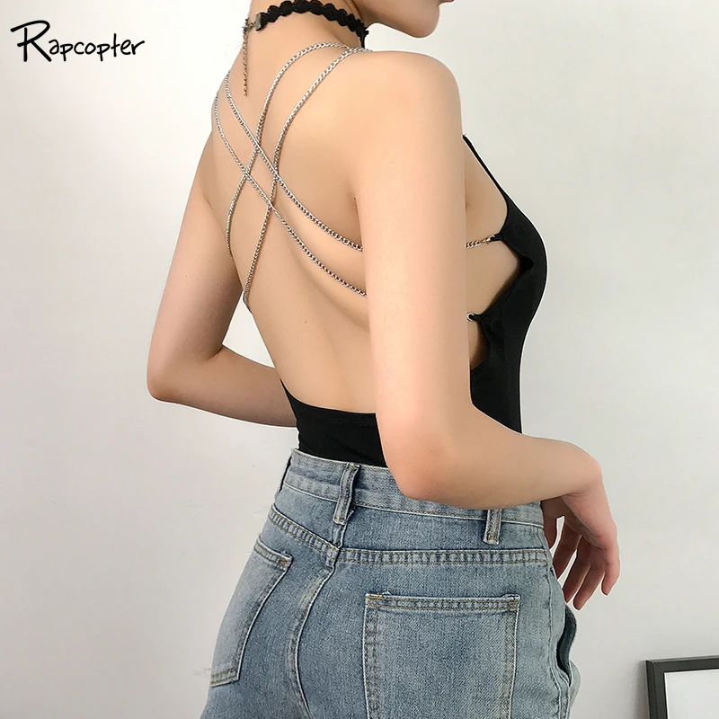 

Rapcopter Summer Halter Woman Body Tops With Chains Sleeveless Sexy Blackless Bodysuit Women Cotton Bodycon Jumpsuit Romper 2019
