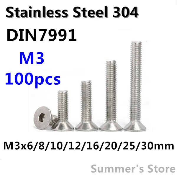 100pcs/lot DIN7991 M3 Stainless Steel Hex Socket Flat Head Cap Screw M3*6/8/10/12/16/20/25/30mm Countersunk Bolt | Обустройство дома