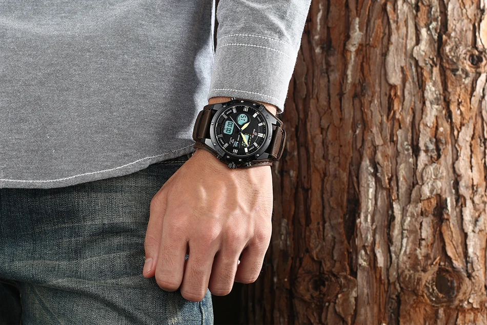 GOLDENHOUR Leder Sport Männer Analog Quarz Armbanduhr Armee Militär Datum Dual Display Outdoor_voghion.com