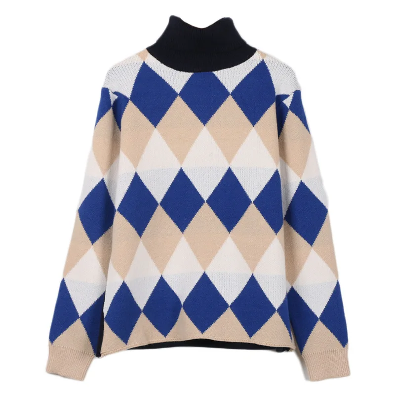 

2018 Winter Women turtleneck pullover classic diamond argyle pattern Loose Knitted Sweaters Vintage Geometric Winter Knitwear