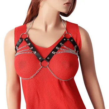 

Womens Harness Bra Cupless Bra Metal chain Hollow Out Leather Tops Punk Gothic Chest Strap Belt Tassel Metal chain Sexy Lingerie