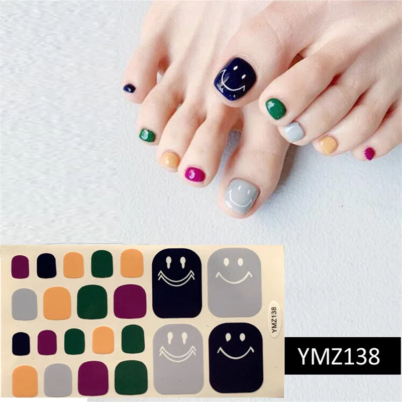 

22tips Pure Color Toe Nail Stickers Smile Pattern Summer Style Polish Toe Nail Wraps Waterproof Manicure Kids Feet Decorations