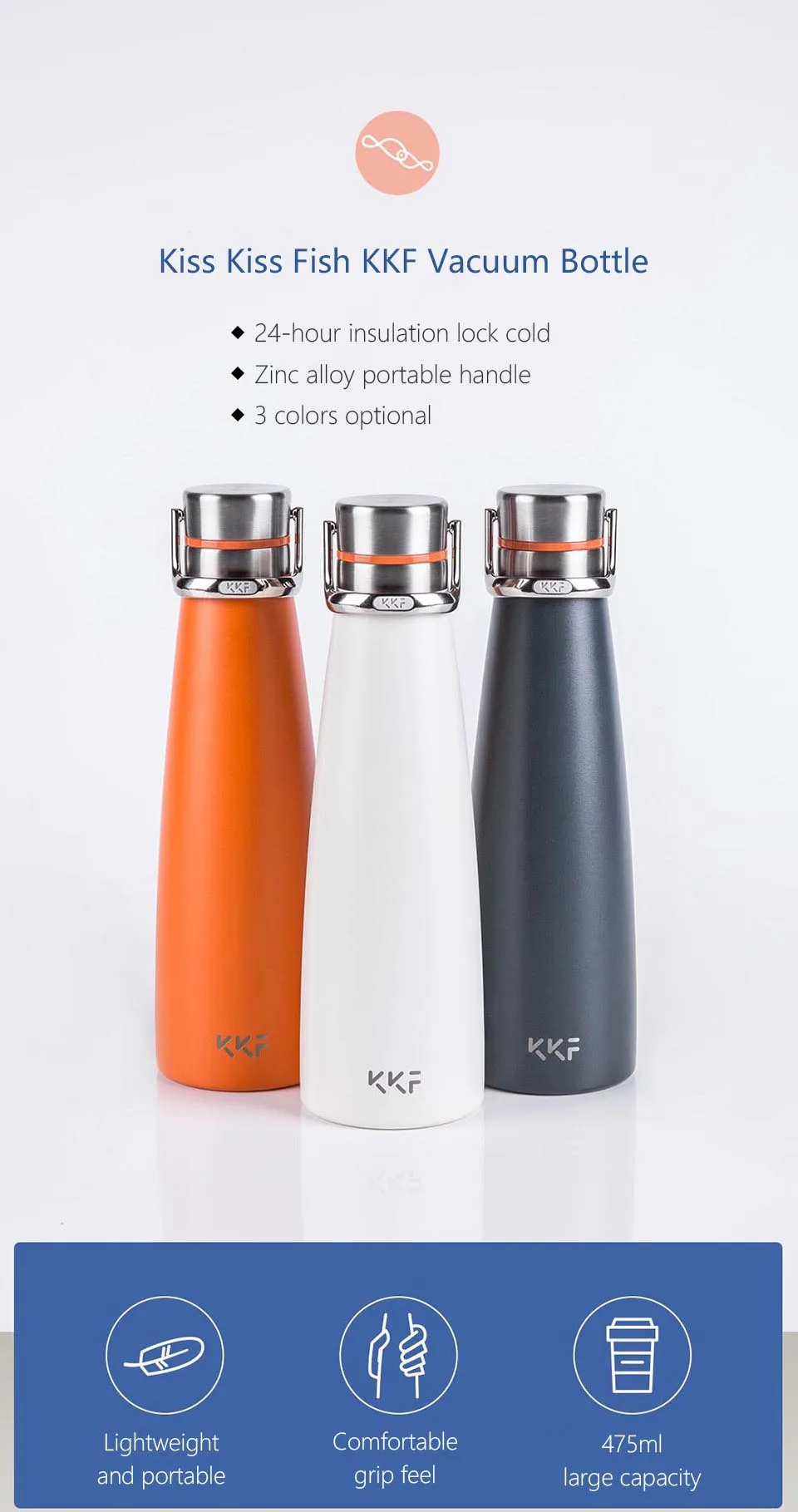 Новая Вакуумная бутылка Xiaomi KKF, термосы с изоляцией 24 h, термос из нержавеющей стали, кружка для путешествий, 475 мл, портативная изоляционная чашка 42