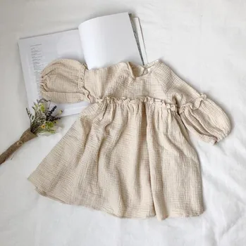 

Wholesale Baby Girls Dress 6PCS/lot Puff Sleeve Linen Children Twirl Dress Spring Summer Bulk Drop Shipping Baby Girls Dresses