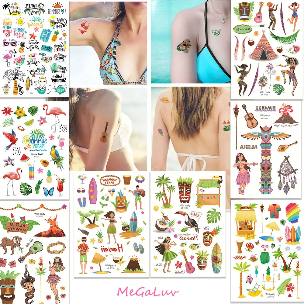 

Hawaiian Beach Party Tattoo Stickers Hawaii Luau Waterproof Temporary Tattoos Summer Tropical Pool Wild Aloha Party Supplies