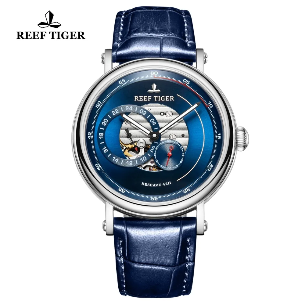 Модные повседневные мужские часы Reef Tiger/RT синие дизайнерские с ремешком из