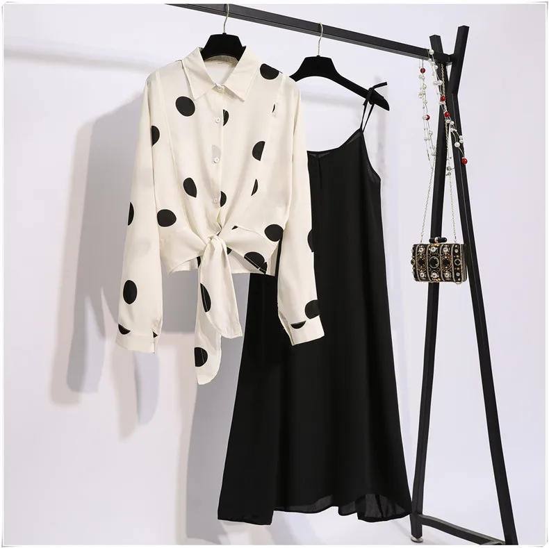 

2019 Autumn Women Long Sleeves Dot Shirts + Black Spaghetti Strap dress 2 pcs sets Beautiful Suits A993