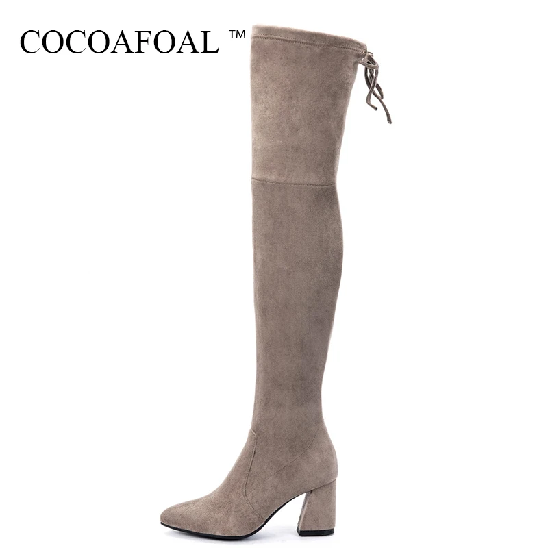 

COCOAFOAL Genuine Leather High Heeled Shoes Winter Black Chelsea Over The Knee Boots Plus Size 33 Woman Zipper Thigh High Boots