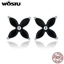 WOSTU настоящие 925 пробы серебряные цветочные черные CZ серьги-гвоздики для женщин ювелирные изделия подлинные модные свадебные подарки CQE362