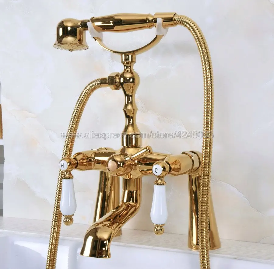Роскошные золотые Цвет латунь бортике Clawfoot Ванная комната ванной кран W/ручной душ Tap Kna141