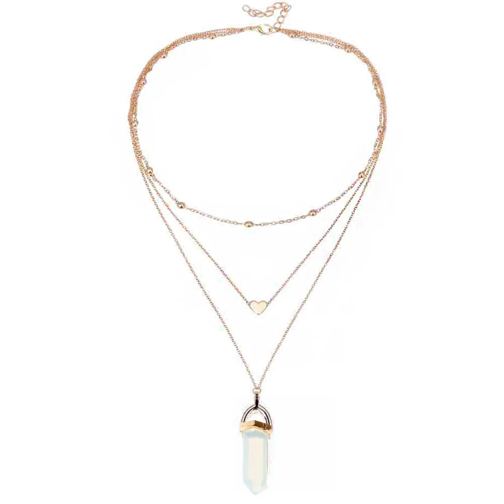 2017 Vintage Steampunk Opal Stone Pendant Chocker Necklace 3pcs Gold Silver Multi Layer Heart Bead Long Necklace For Women Gift