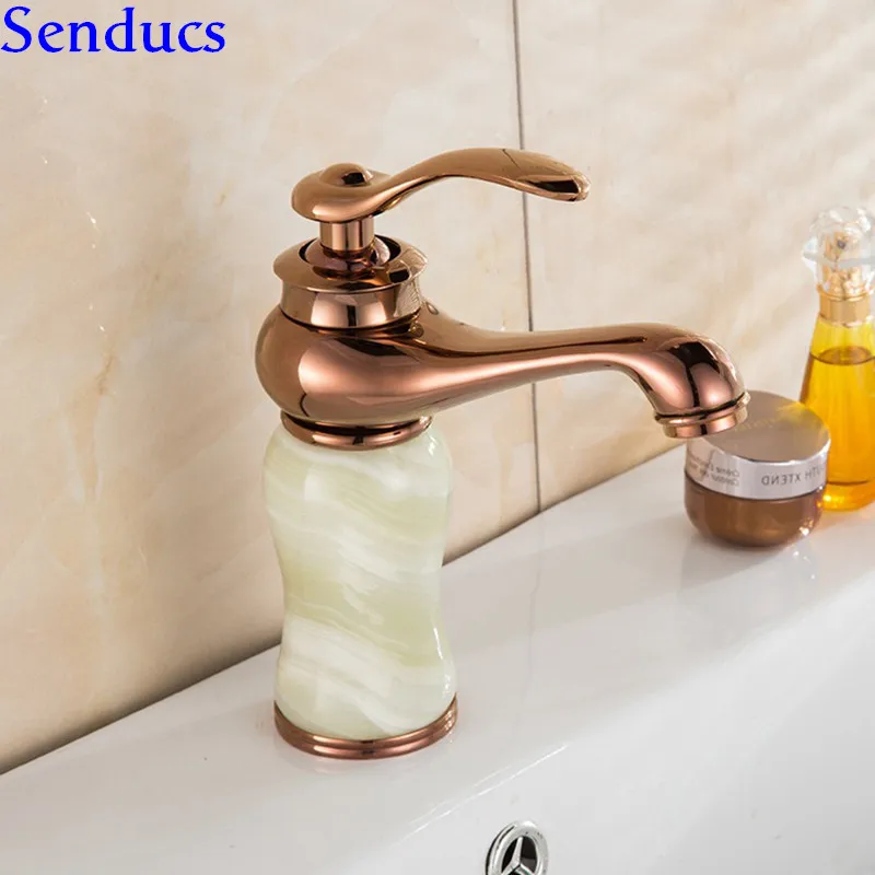 Senducs Rose Gold Jade Bathroom Basin Faucet Deck Mounted Brass Jade