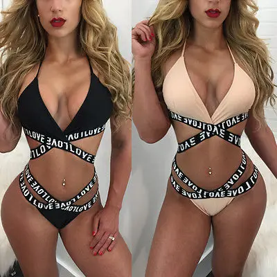 

2018 Swimwear Beachwear Monokini Biquini Set European Letter Women Bandage Bikini Set Push-Up Padded Swimsuit Bathing Suit