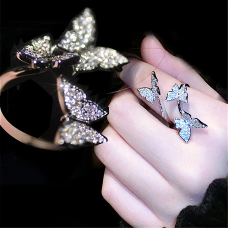 

BOAKO Cute Butterfly Rings for Women Adjustable Size Zircon Crystal Ring Boho Vintage Fashion Party Jewelry Animal Wedding Band