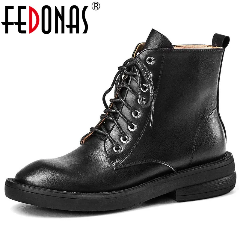 

FEDONAS New Lovely Round Toe Low Heels Women Ankle Boots Cross Tied Genuine Leather Party Office Shoes Woman Motorcycle Boots