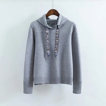 

Fashion Za Jewelry Rope Hooded Sweater Women Basic Solid Short Knitted Pullovers Casual Female Out Hood Knitwear Manteau Femme