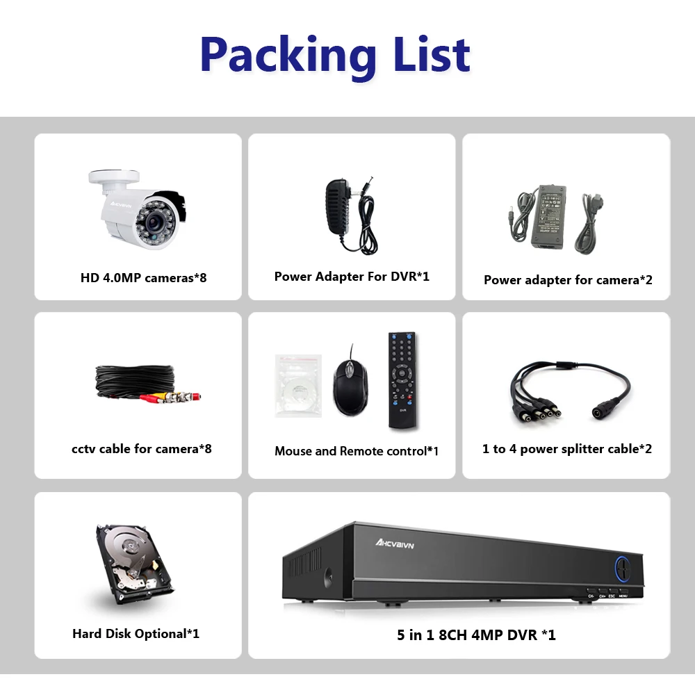 AHCVBIVN 8CH 4MP 1080P HDMI DVR Kit AHD CCTV System 4.0MP Indoor Outdoor Security Camera P2P Video Surveillance System Kit