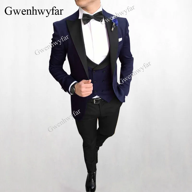 Gwenhwyfar 2018 темно-синие смокинг для жениха Custume Homme Terno Блейзер пиковые лацканы