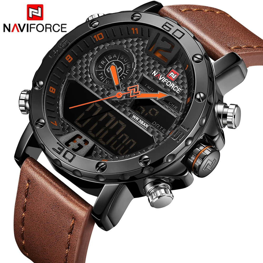 NAVIFORCE Роскошные Брендовые мужские часы аналоговые цифровые кожаные спортивные