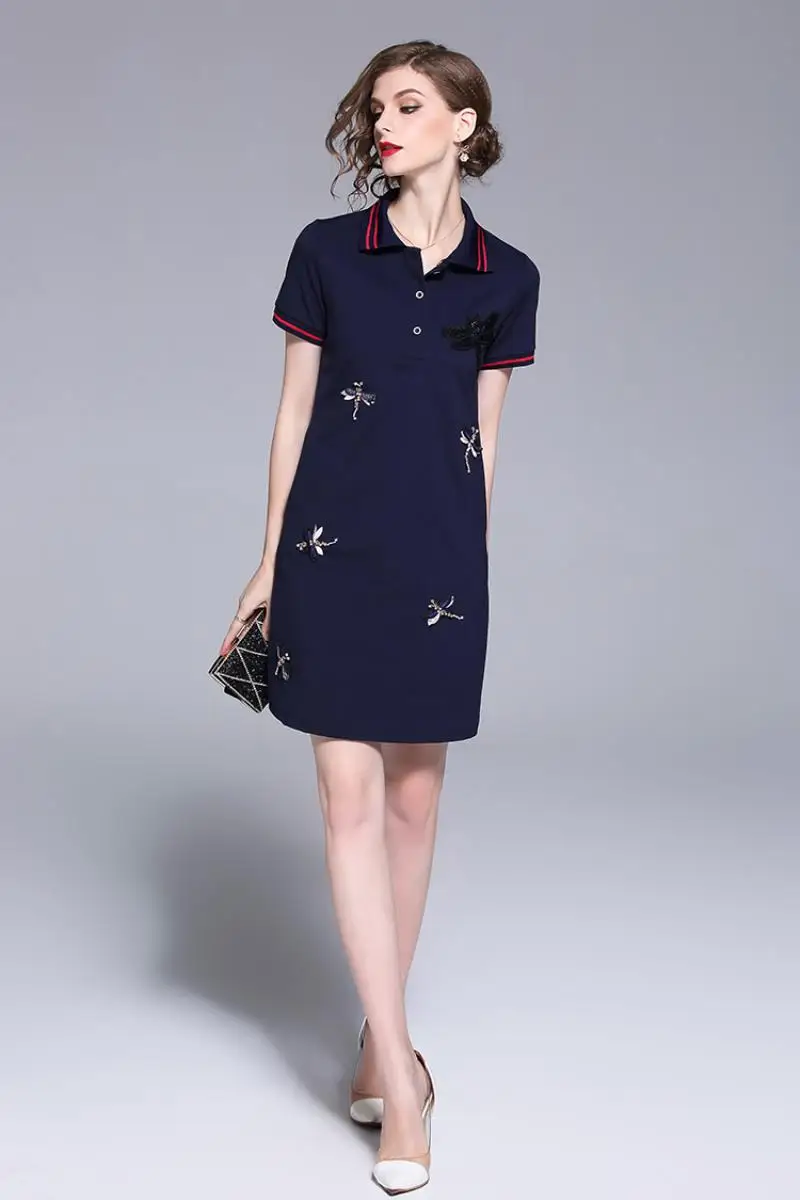 New Arrival 2018 Brand Clothing Summer Short Sleeved T-shirt Dress Women Embroidery Beading Casual White POLO Shirt Dress S-XXL