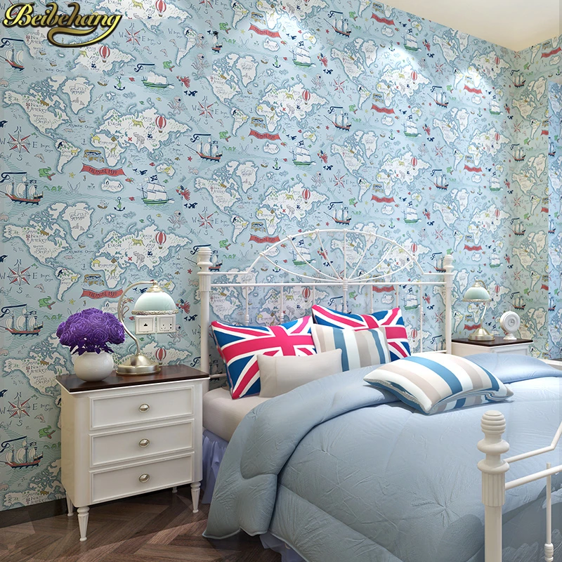 beibehang Animal map wallpaper for kids room Boys girls blue pink Flocking Wallpaper Roll Modern Living Room 3d flooring murals