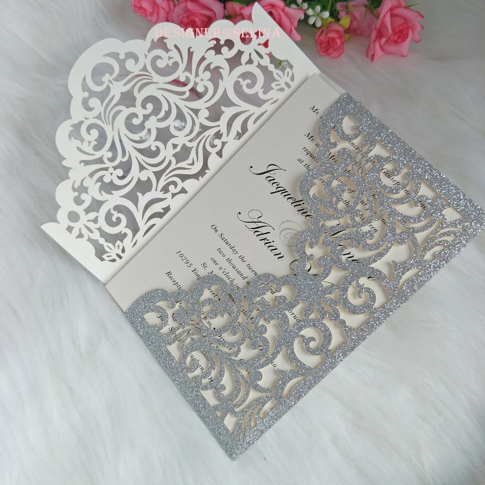 

Cordially Inviting- Silver Glitter Laser Cut Sleeve with Classic Invitations for Wedding Sweet 16th Birthday Graduation