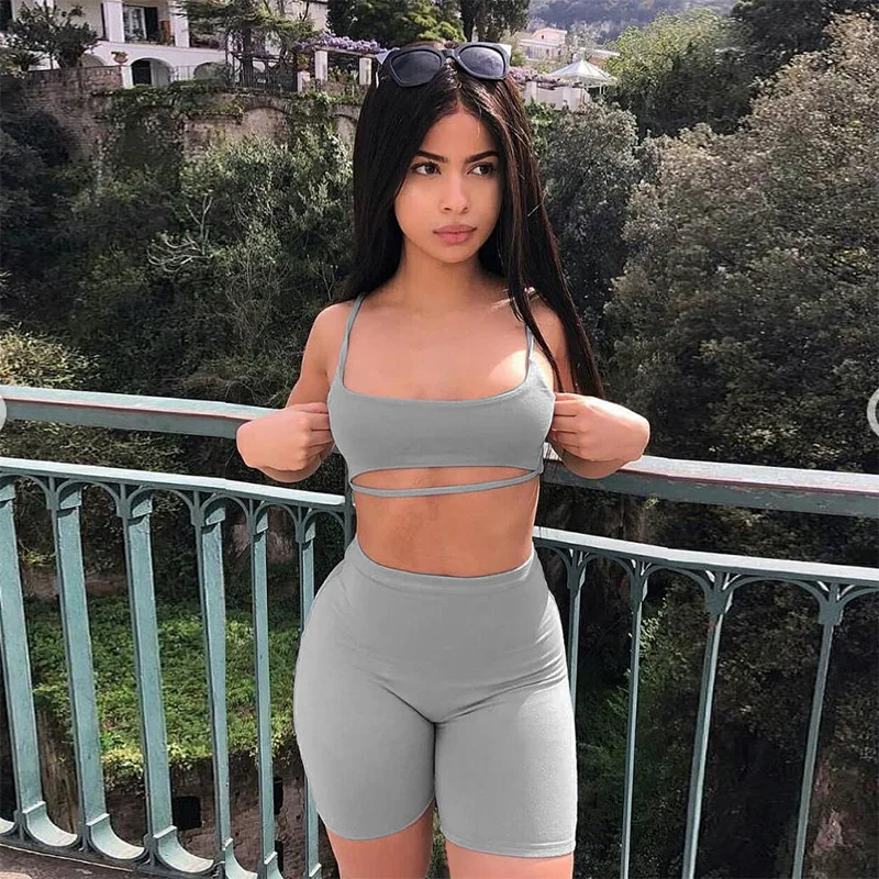 

2019 Summer Women Suit Two 2 Piece Set Sleeveless Strapless Sexy Casual Sporting Suit Set Solid Shorts Pants Tracksuit