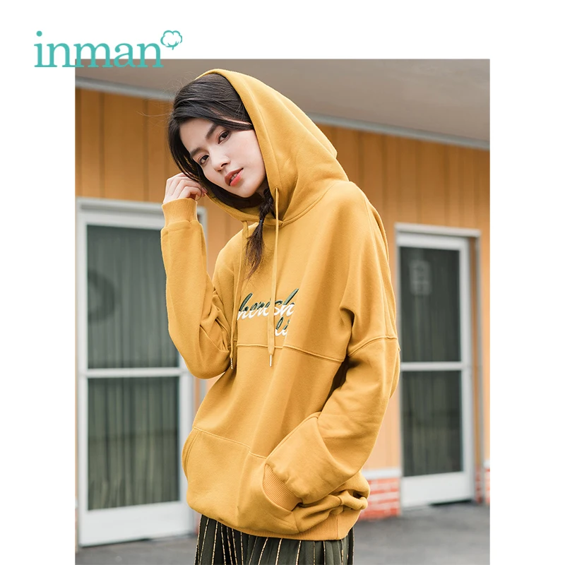 

INMAN Winter New Arrival Female Hooded Embroidery Loose Off The Shoulder Sleeve Women Sweatshirt