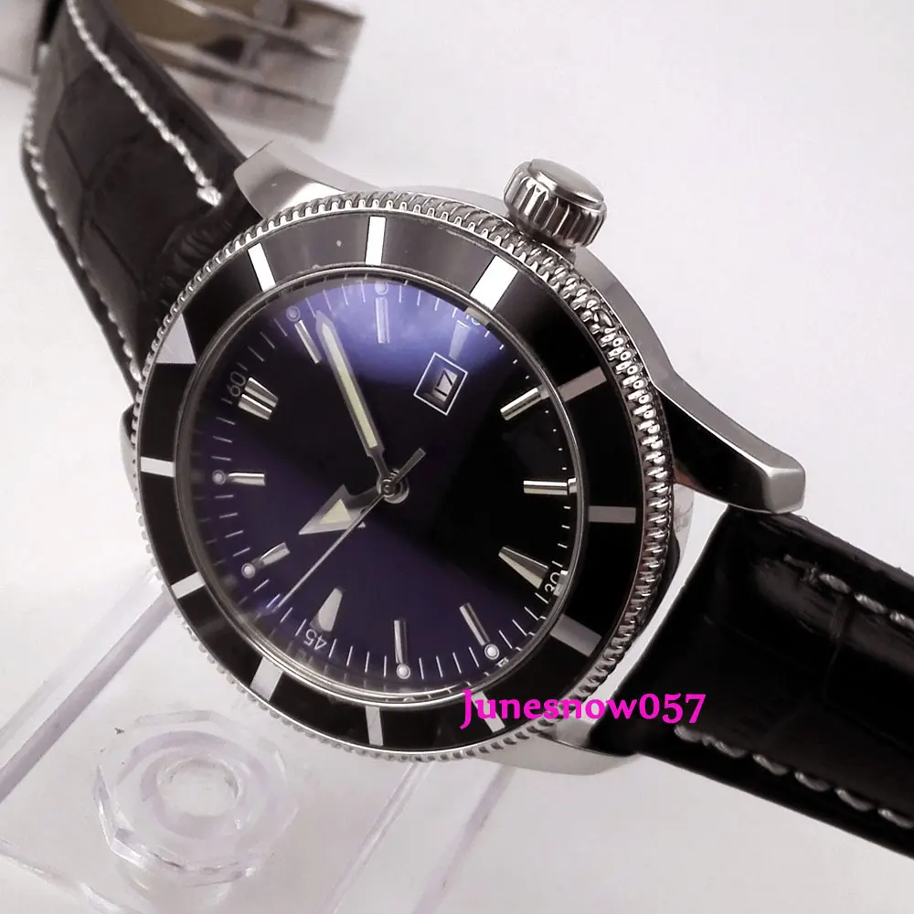 

Bliger 46mm black sterial dial date black bezel luminous leather strap deployant clasp Automatic men's watch