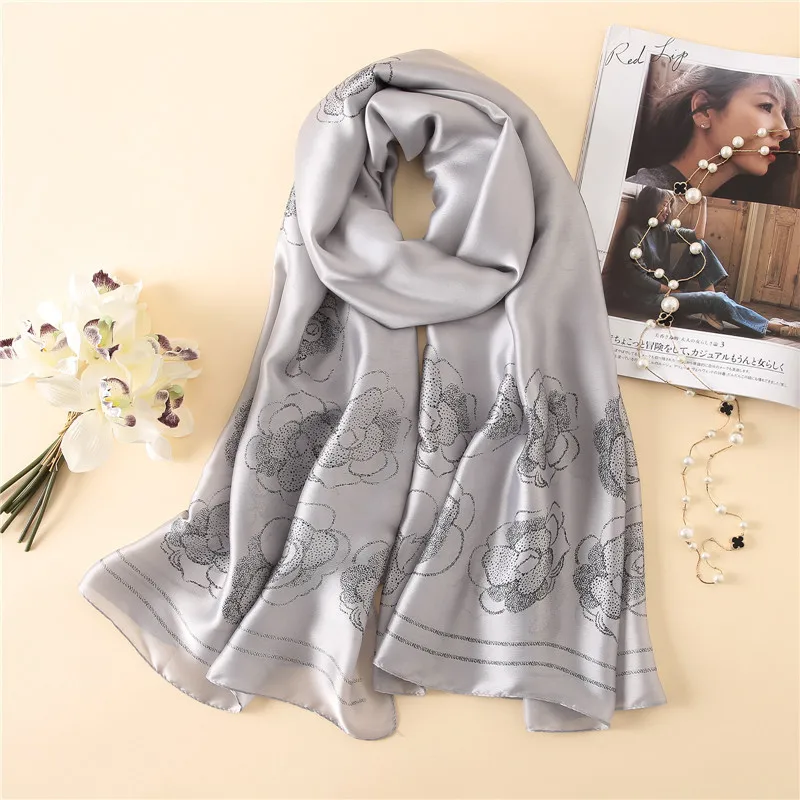 

New scarf female spring summer wild printing flowers silk scarves sunscreen shawl multifunctional beach towel thin pashmina
